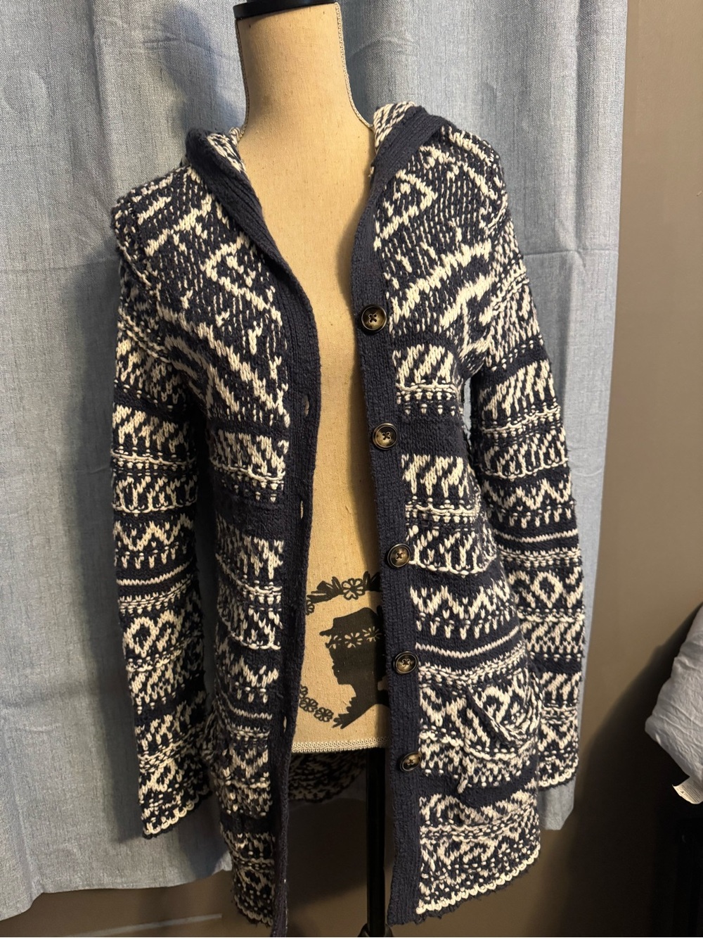 Lucky Brand Navy Cream Aztec Geometric Chunky Knit Hooded Cardigan Sweater M